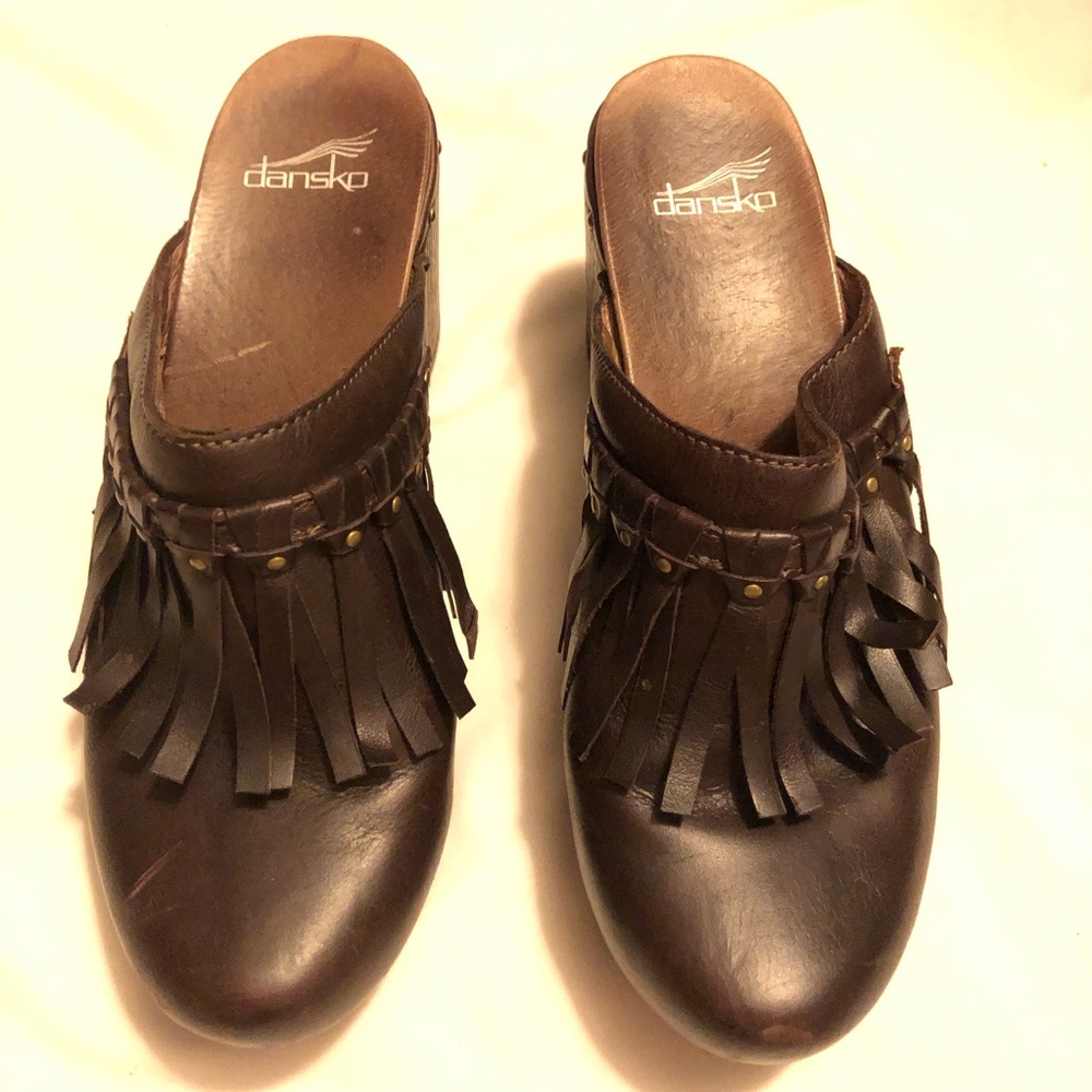 Dansko Deni fringe leather heel clog shoes